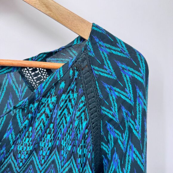 Prana Tacana Peasant Top Womens Large Green Purple Geometric Print Crochet Trim - Picture 6 of 9